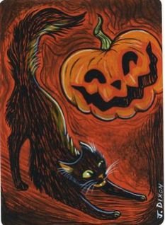 a painting of a cat and a jack - o'- lantern