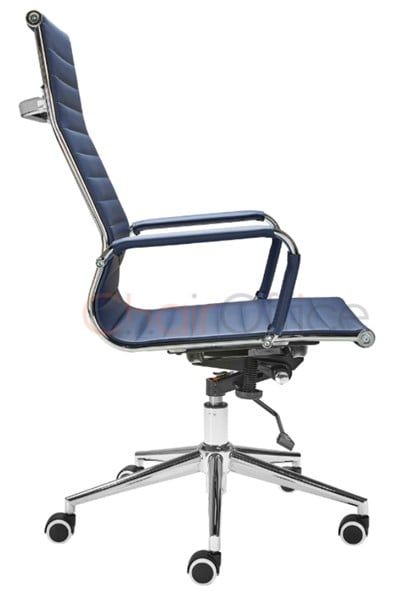 an office chair with wheels on the back and seat upholstered in blue leather