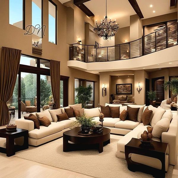 a living room filled with lots of furniture next to a tall ceiling mounted chandelier