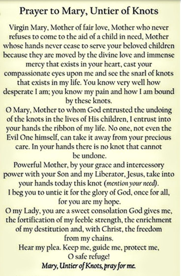 the prayer for mary, united of knotes with an image of her name on it