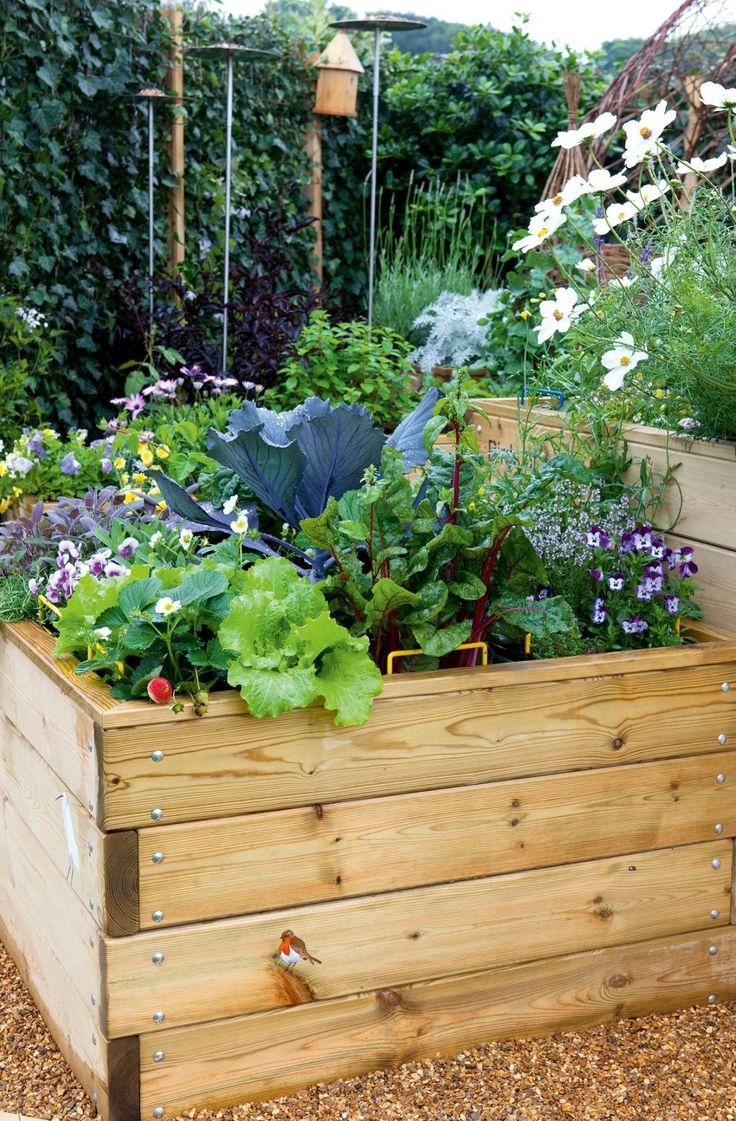 a wooden planter filled with lots of different types of flowers and plants in it