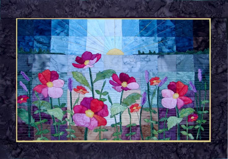 applique wild flower quilt pattern with sunset or sunrise over a patchwork lake. Collage Quilting, Flower Quilt Patterns, Watercolor Quilt, Patch Ideas, Landscape Art Quilts, Sunflower Quilts, Landscape Quilt, Fabric Postcards, Flower Quilts