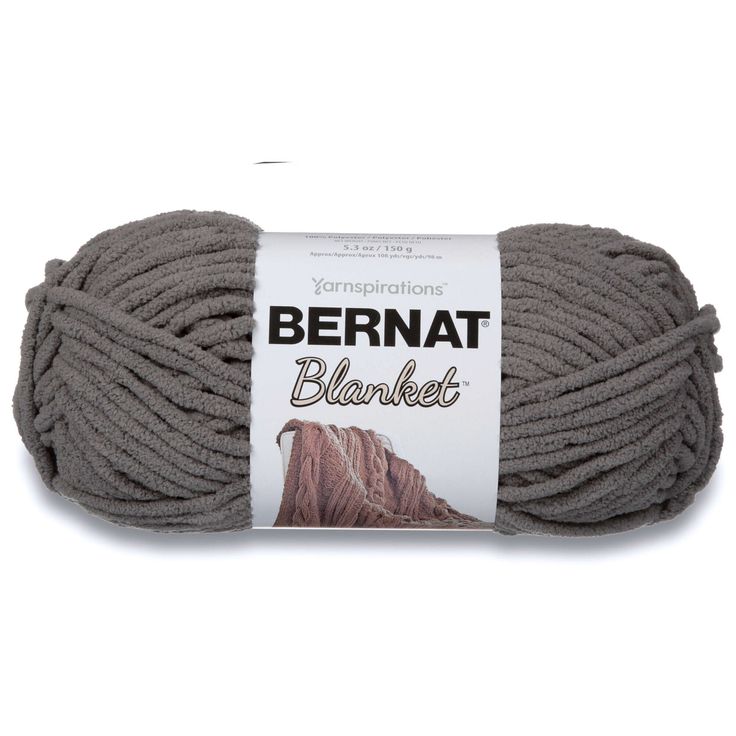 bernat blanketed yarn in grey, on a white background with the words bernat written