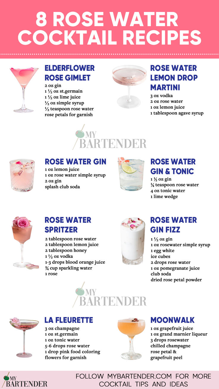 Rose Water Cocktail Rose Cocktail Recipes Easy, Recipes With Rose Water, Rose Petal Cocktail, Rose Flavored Drinks, Rose Gin Cocktail Recipe, Rose Gin Cocktail, Low Calorie Gin Cocktails, Rose Water Recipe, Rose Water Cocktail Recipes