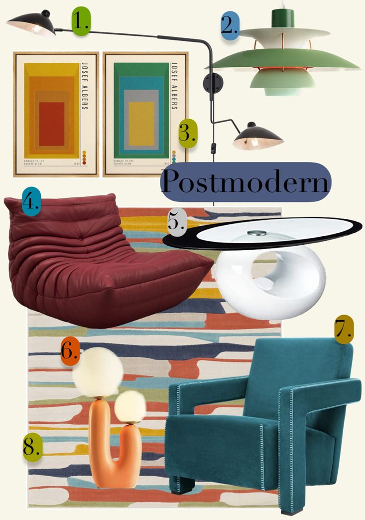 A mood board with different decor and furniture in reflection of postmodern design elements. Post Modern Furniture Design, Post Modern Style Interior Design, Bedroom Post Modern, Post Modernism Interior Design, Postmodernism Interior Design, Postmodern Bedroom Design, Bauhaus Aesthetic Interior Design, Post Modern Decor, Bauhaus Style Interior Design