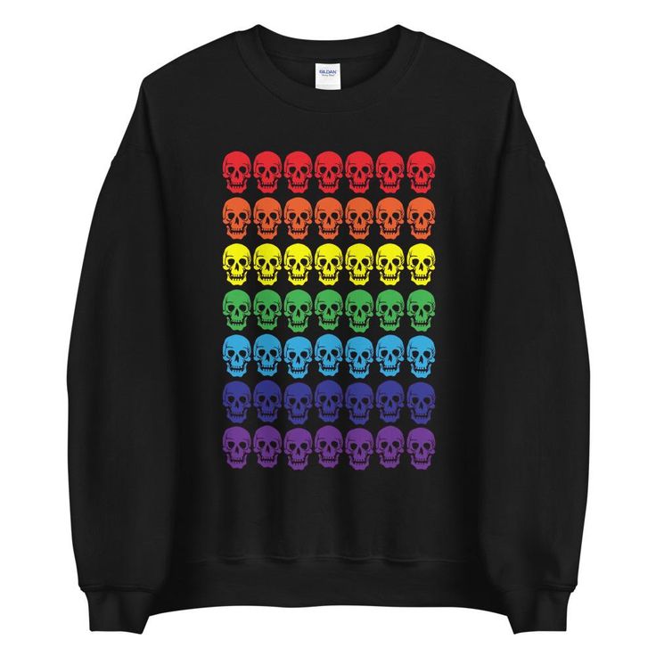 Rainbow Skulls Sweatshirt | LGBT Sweater - On Trend Shirts – On Trend Shirts Alternative Skull Print Sweatshirt For Fall, Alternative Style Skull Print Sweatshirt For Fall, Rainbow Long Sleeve Sweatshirt For Fall, Long Sleeve Rainbow Sweatshirt For Fall, Black Skull Print Alternative Sweatshirt, Black Alternative Style Sweatshirt With Skull Print, Edgy Skull Print Sweatshirt For Fall, Day Of The Dead Outfit, Rainbow Goth