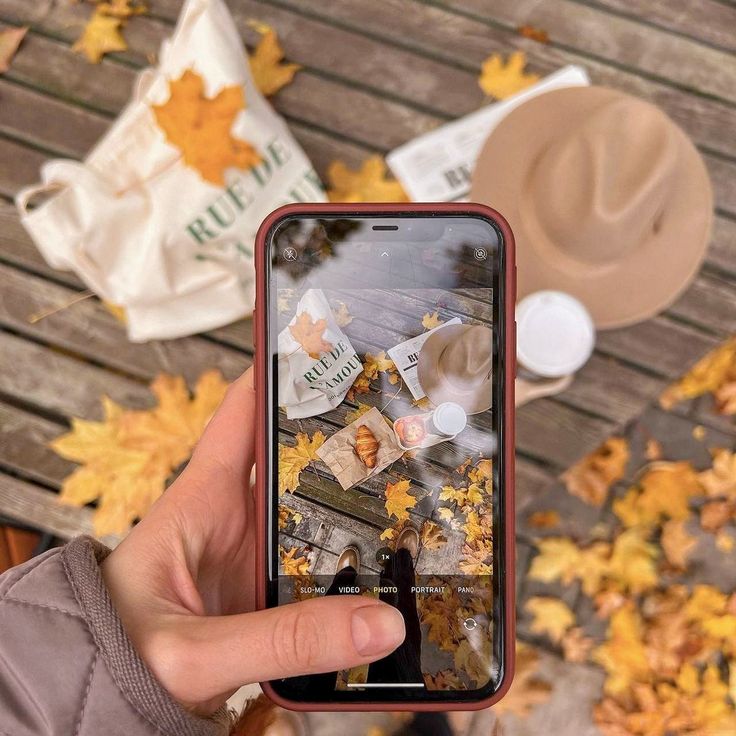 someone taking a photo with their cell phone in the fall leaves on a wooden bench