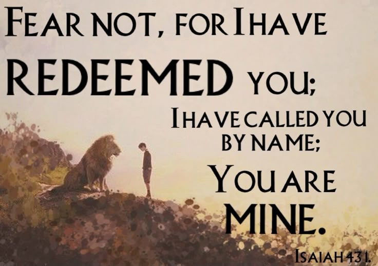 a lion and a man stand on top of a hill with the words, fear not, for i have redemed you i have called you by name