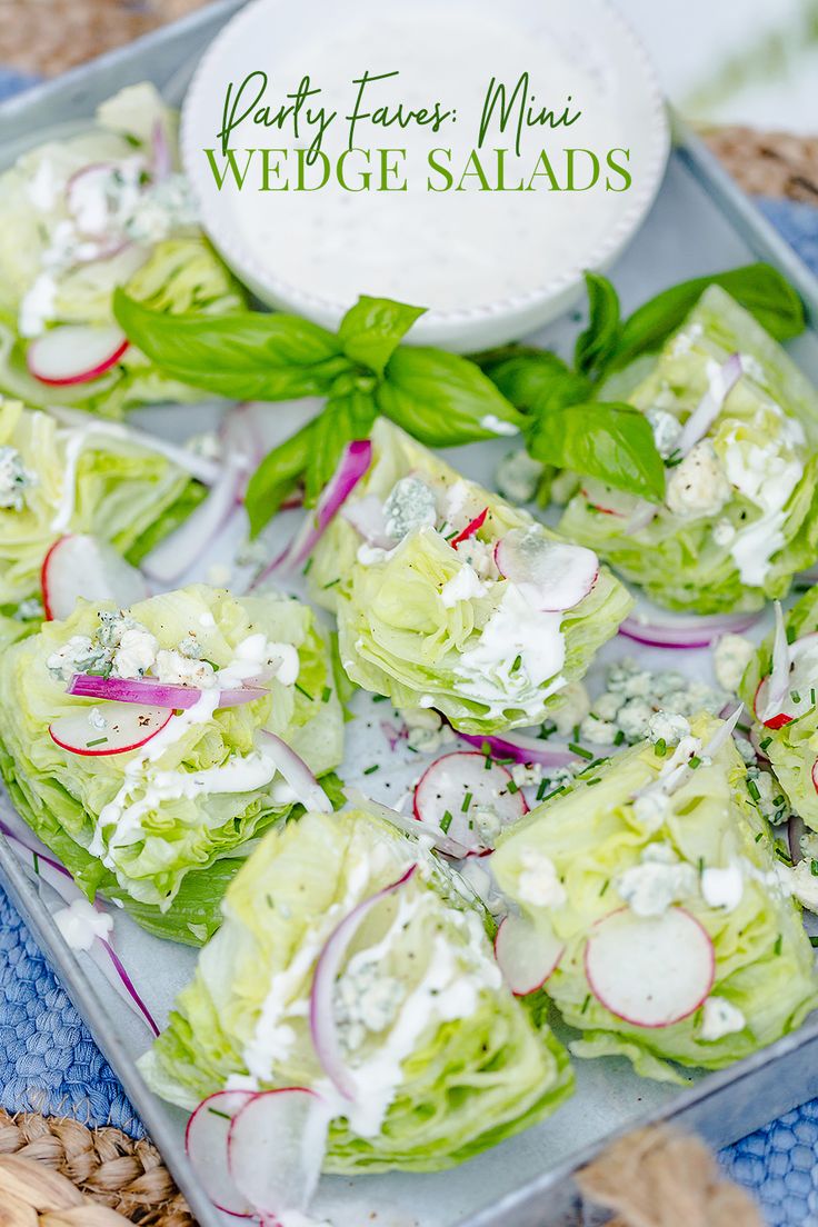 lettuce and radishes on a tray with dressing in the middle, ready to be eaten