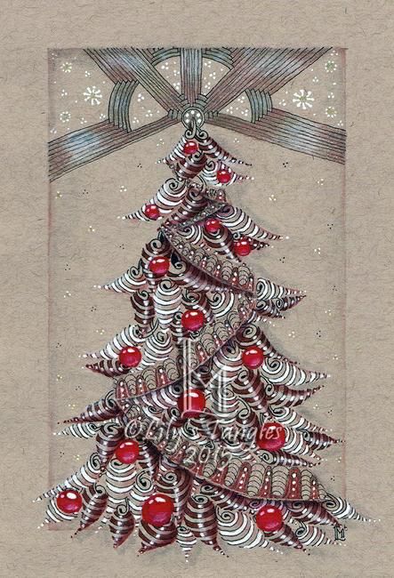 a christmas tree with red ornaments on it's bottom and silver ribbon around the top