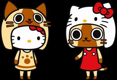 two cartoon cats with big eyes and one has a red bow on its head while the other is wearing an orange dress