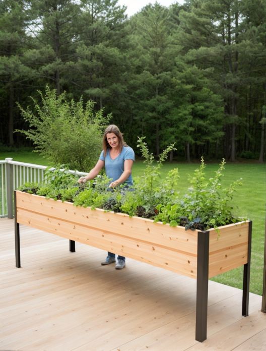 a woman standing in front of a wooden planter filled with plants on a deck