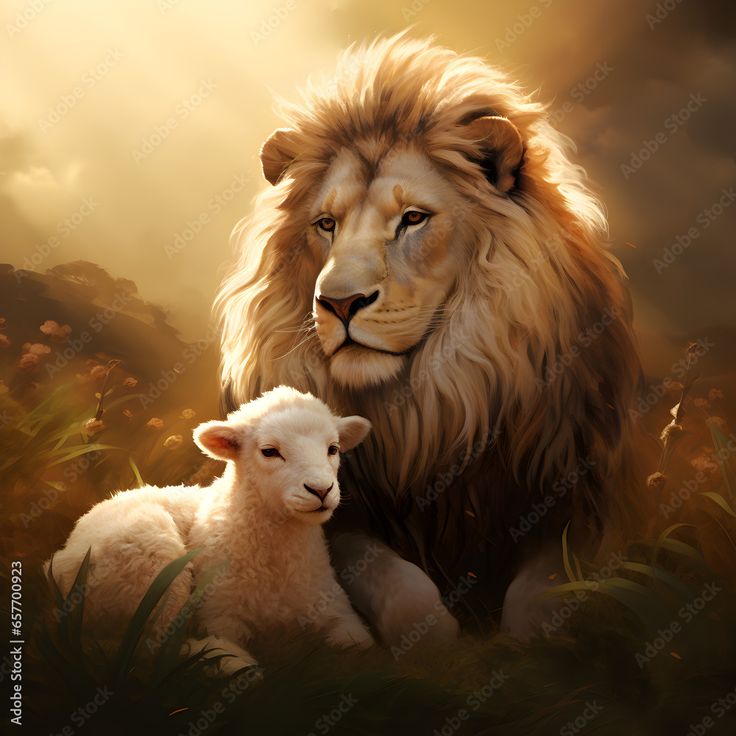 a painting of a lion and lamb in the grass