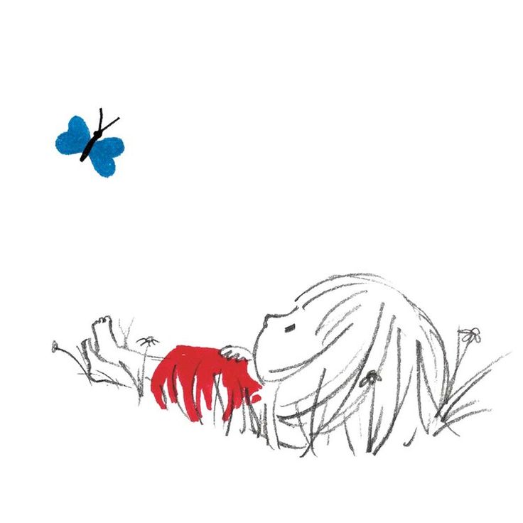 a drawing of a person laying on the ground next to a butterfly