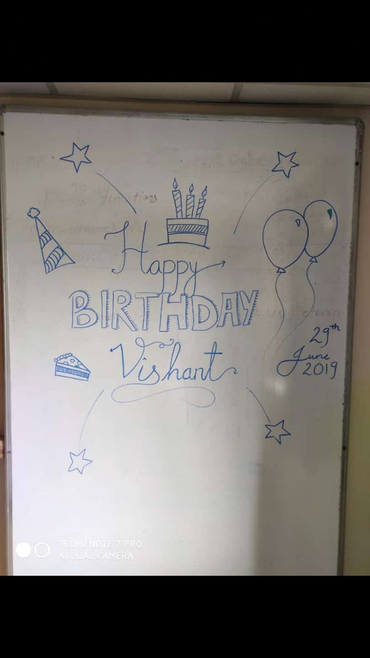 a birthday card written on a white board