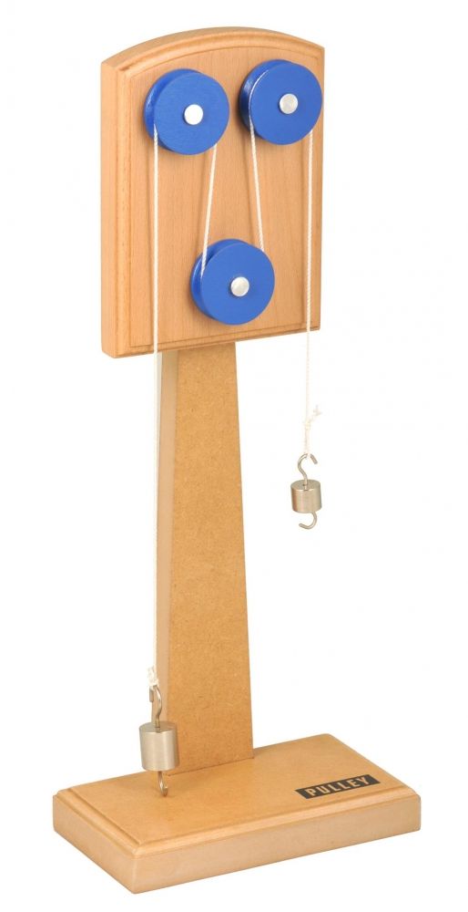 a wooden clock with two blue pendulums on it's sides and a key in the middle