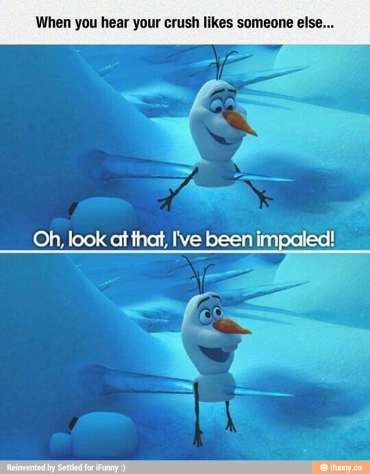 a cartoon character with the caption, when you hear your crush likes someone else oh look at that, i've been impaled