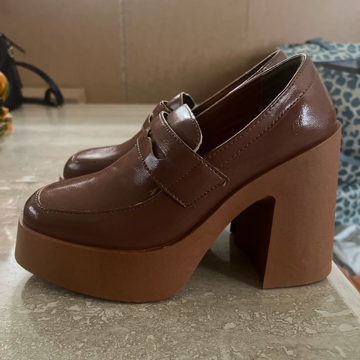 Never Worn Asos Chunky Platform Loafer Heels! Soooo Cute! So Academia-Core. Size 36/3, And I Feel As Though It’ll Fit A Size 5-5.5. Brown High Heel Loafers, Casual High Heel Platform Loafers, Spring Synthetic High Heel Platform Loafers, Spring Casual High Heel Platform Loafers, Brown Pointed Toe Platform Loafers For Spring, Casual High Heel Synthetic Loafers, Brown Round Toe Platform Loafers For Spring, Trendy Brown Platform Loafers With Round Toe, Trendy Brown Round Toe Platform Loafers