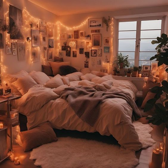 an unmade bed in a room with lights on the wall and pictures above it