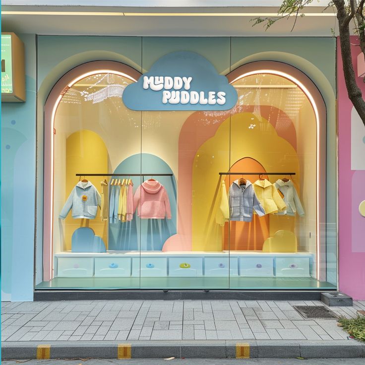 a store front with clothes on display in the window and an advertisement for muddy puddles