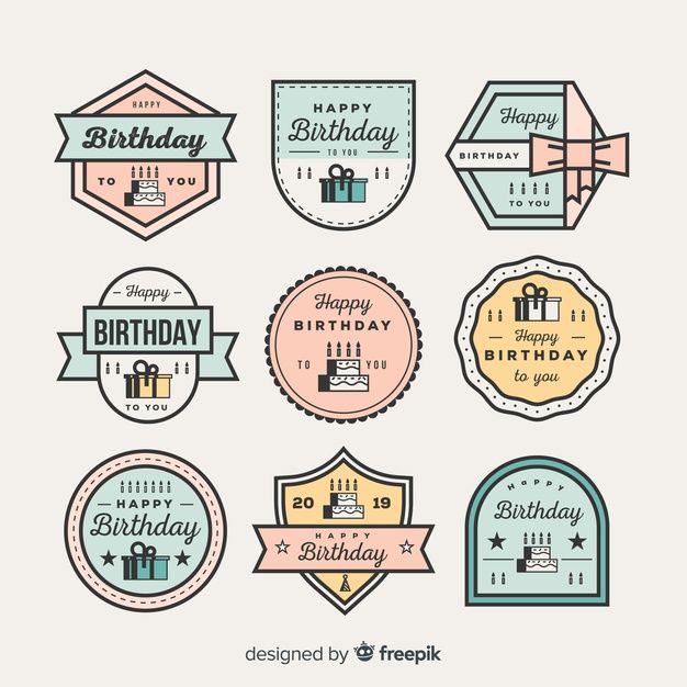 six birthday badges with different designs