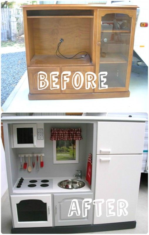 before and after photos of a play kitchen