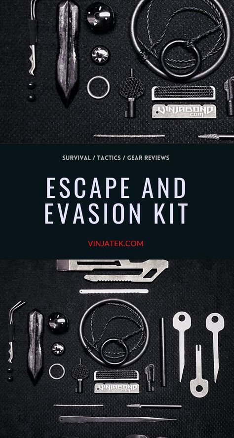 the escape and evasion kit is displayed on a black background with text that reads, survival