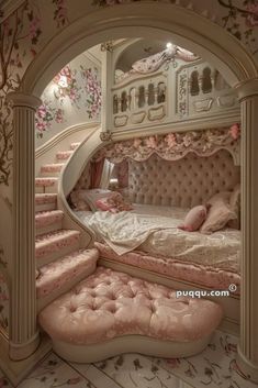 an elaborate bedroom with pink and white decor on the walls, carpeted flooring and stairs