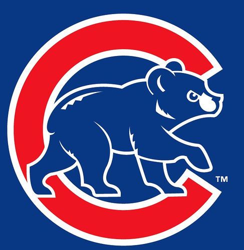 the cubs logo is shown in red, white and blue with a bear on it