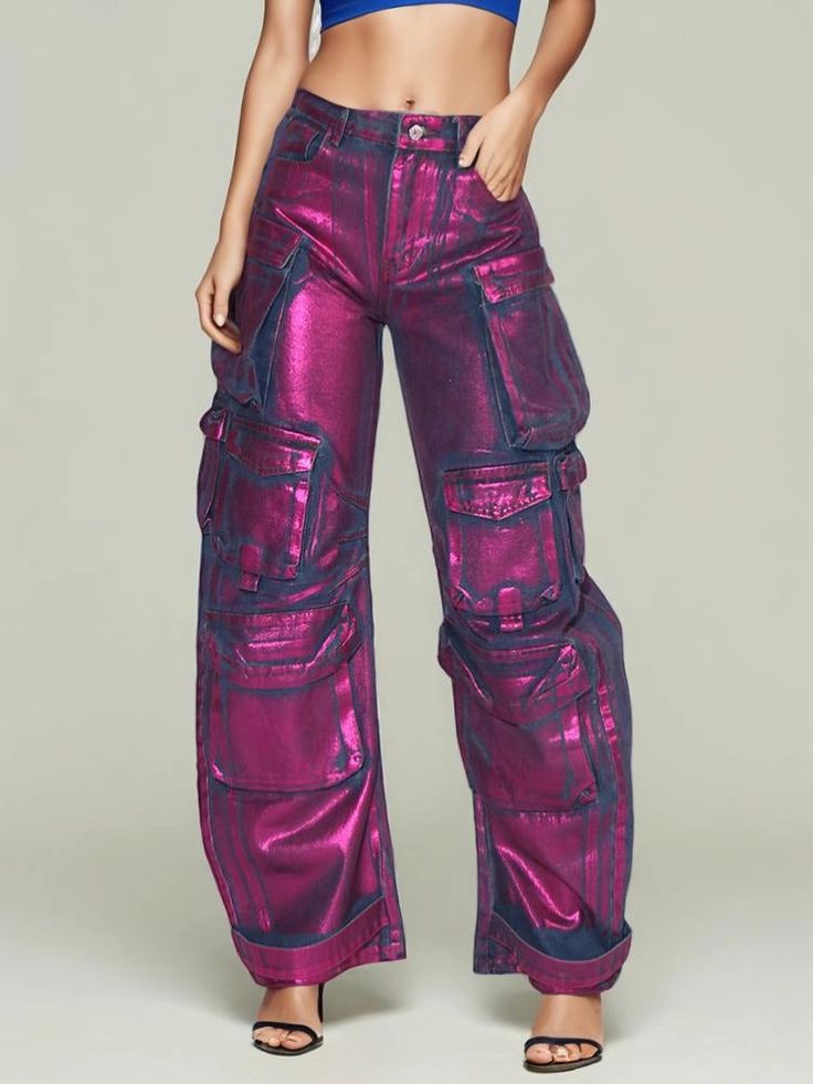 Pocket Straight Wide Leg Jeans Pants Purple Wide Leg Bottoms For Streetwear, Trendy Baggy Purple Bottoms, Spring Full Length Cargo Pants With Five Pockets, High Waist Purple Pants For Streetwear, Purple High Waist Pants For Streetwear, Purple Wide Leg Bottoms With Cargo Pockets, Purple Baggy Straight Leg Pants, Purple Wide-leg Bottoms With Cargo Pockets, Purple Pants For Streetwear In Fall