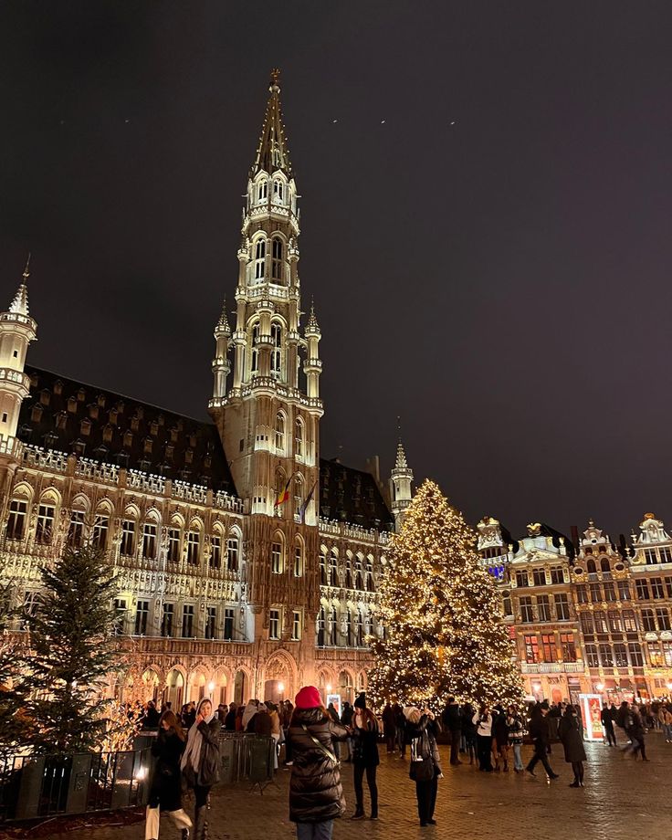 people are walking around in front of an old building with christmas trees and lights on it