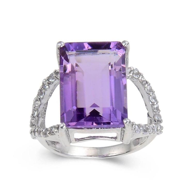 Statement Amethyst Emerald Cut White Topaz Ring, Sterling silver amethyst ring for women Purple Cocktails, February Birthstone Ring, Gemstone Solitaire Ring, Ring Emerald Cut, Beautiful Tiaras, White Sapphire Ring, February Birthstone, Sapphire Stone, Amethyst Stone