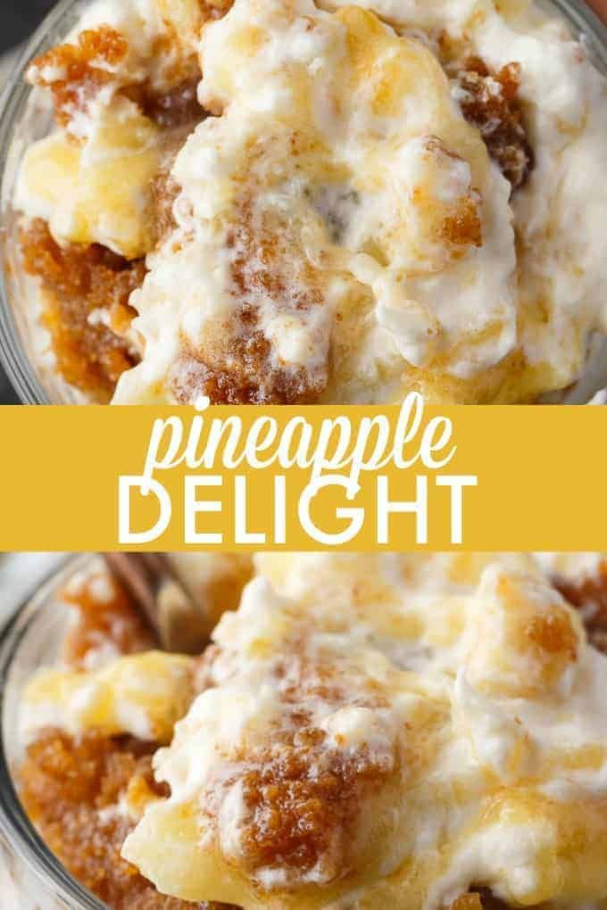 pineapple delight dessert in a glass bowl with the words pineapple delight above it