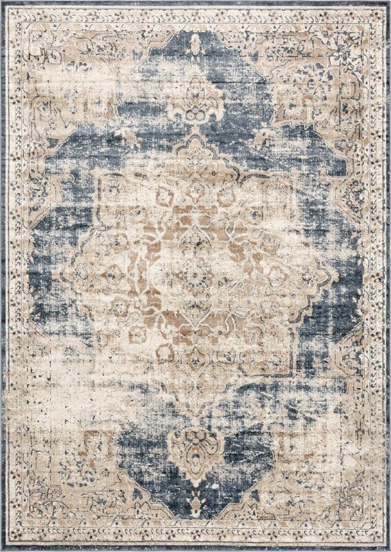 an area rug with blue and beige colors