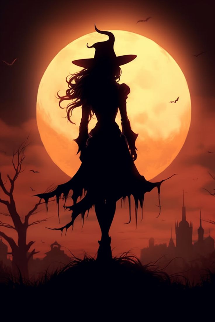 a woman dressed as a witch standing in front of a full moon