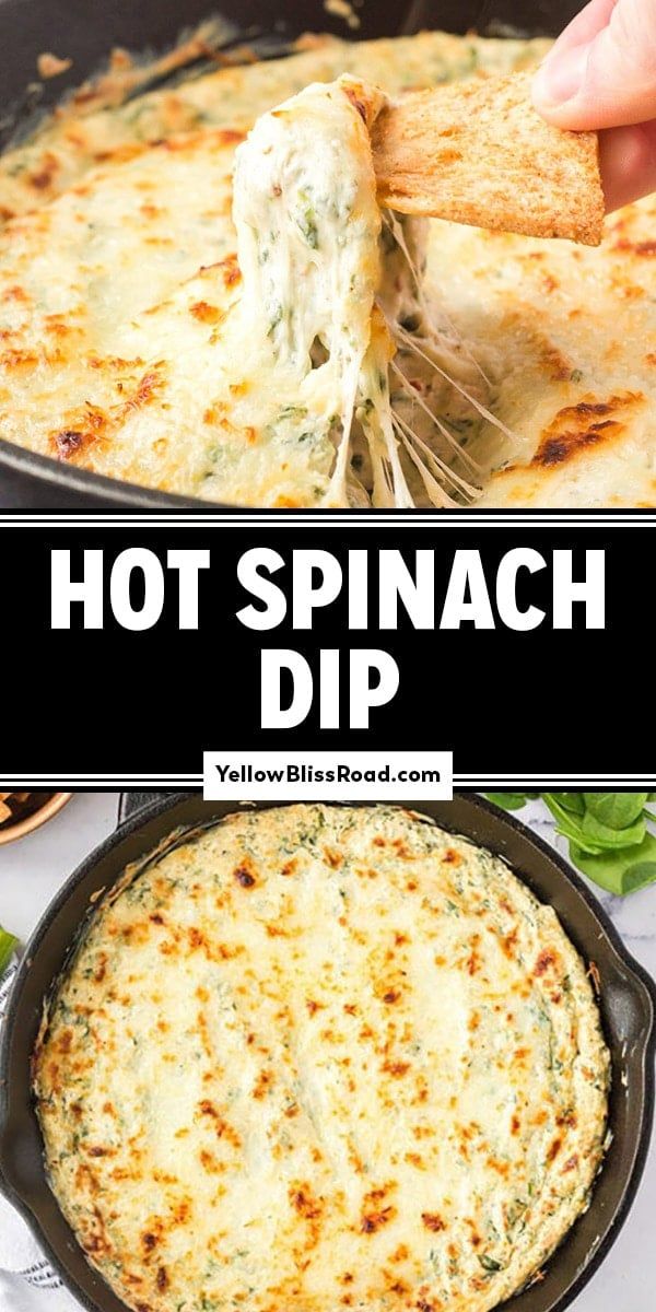 a skillet with cheese and spinach dip being lifted from the pan by a spatula