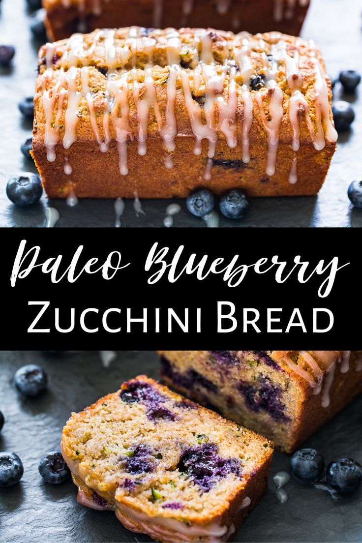 pale blueberry zucchini bread with icing drizzled on top