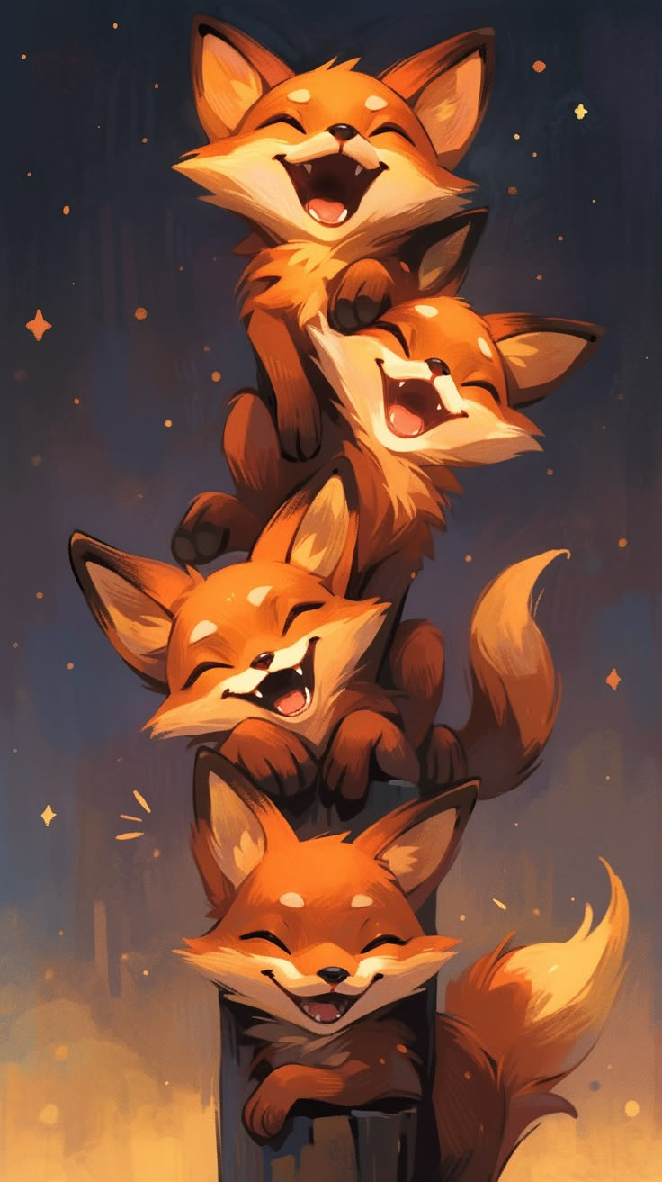 three foxes are standing on top of each other