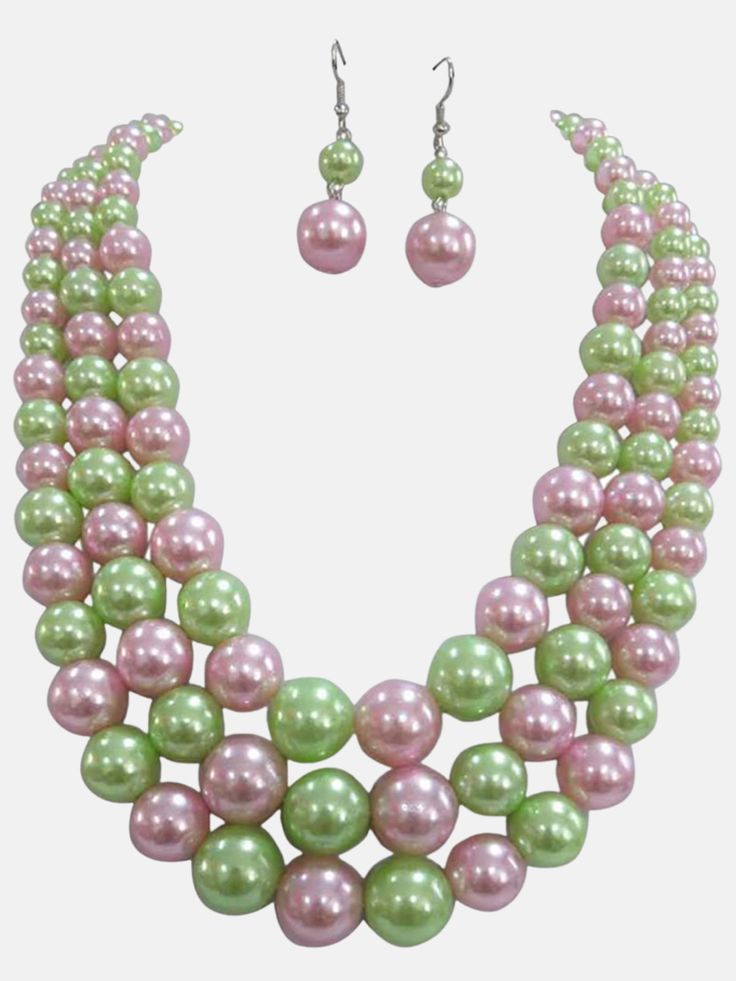 Pink and green 3 strand pearls Green Pearl Necklace With Round Beads For Party, Green Pearl Necklace For Party, Green Beaded Pearl Necklace For Party, Aka Sorority, Alpha Kappa Alpha, Pearl Set, Precious Gems, Leather Dress, Sorority