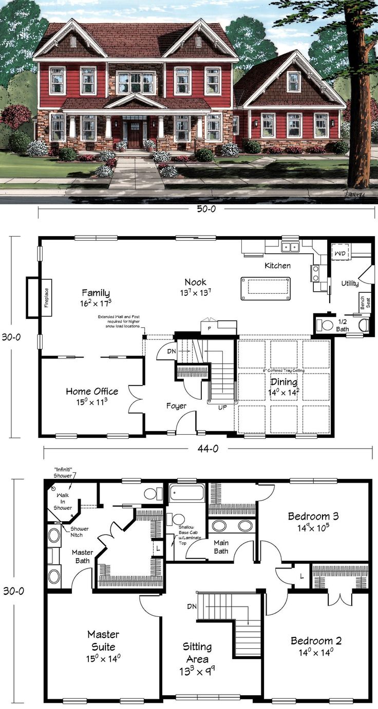 two story house plans with garage and living room on the first floor, one bedroom is in