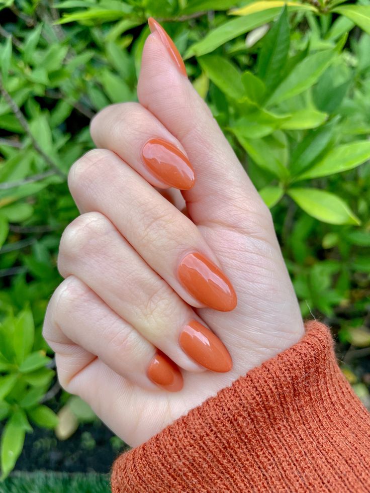 Burnt Orange Dip Powder Nails, Orange Gel Nails Fall, Short Burnt Orange Nails, Dip Powder Nails Orange, Burnt Orange Almond Nails, Orange Dip Powder Nails, Rusty Orange Nails, Dip Powder Nails Fall 2023, Soft Orange Nails