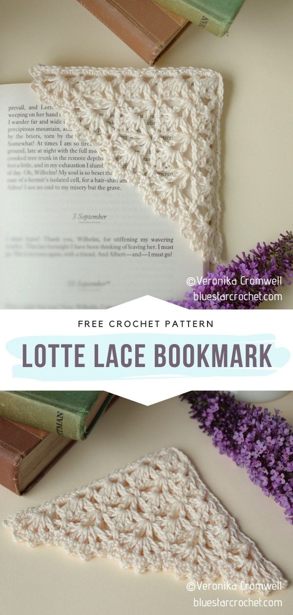 crochet bookmarks with text overlay that reads free crochet pattern lotte lace bookmark