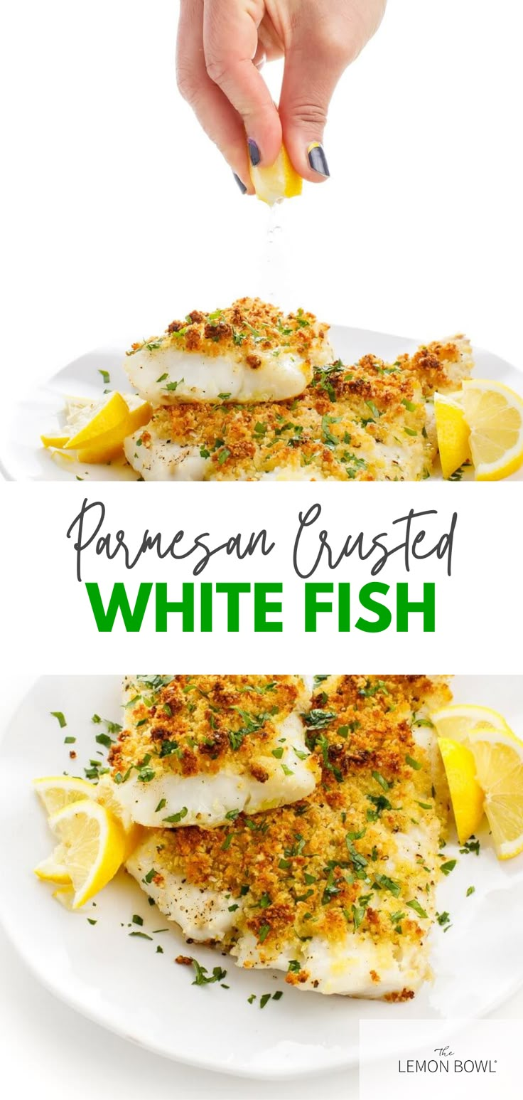 someone is sprinkling parmesan crusted white fish with lemons on the side