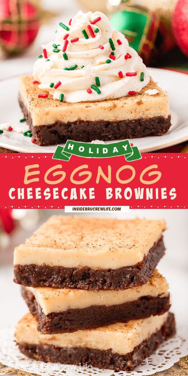 eggnog cheesecake brownies are stacked on top of each other