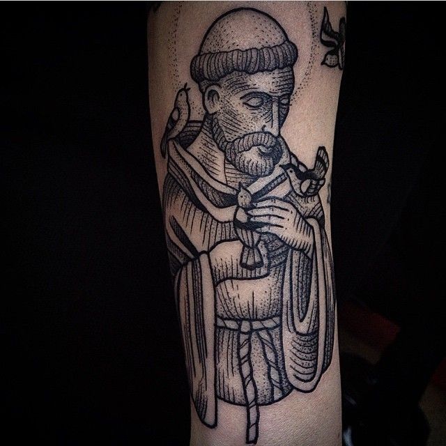 a black and white tattoo of a man with a beard holding a bird on his arm