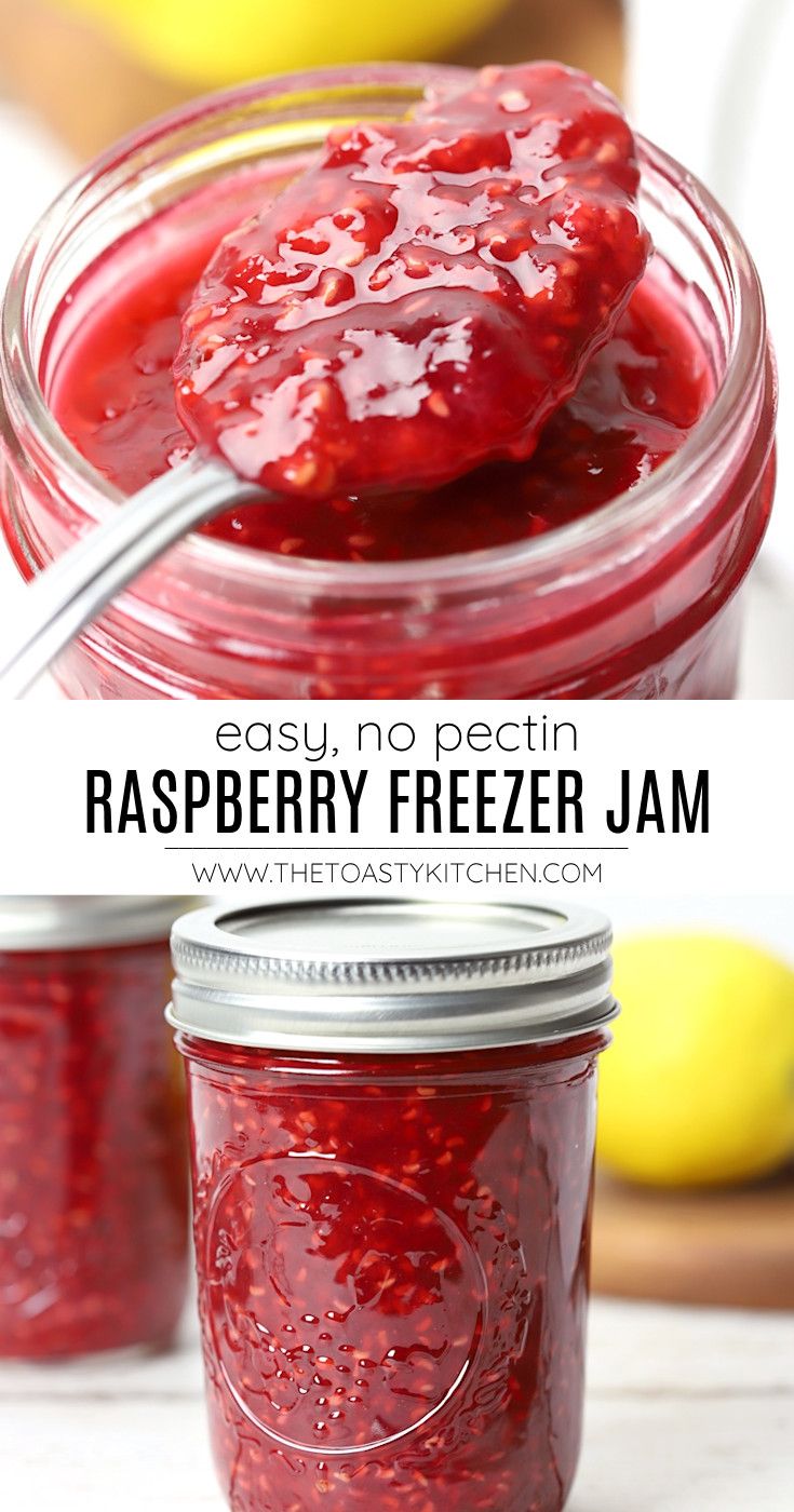 raspberry freeze jam in a glass jar with a spoon