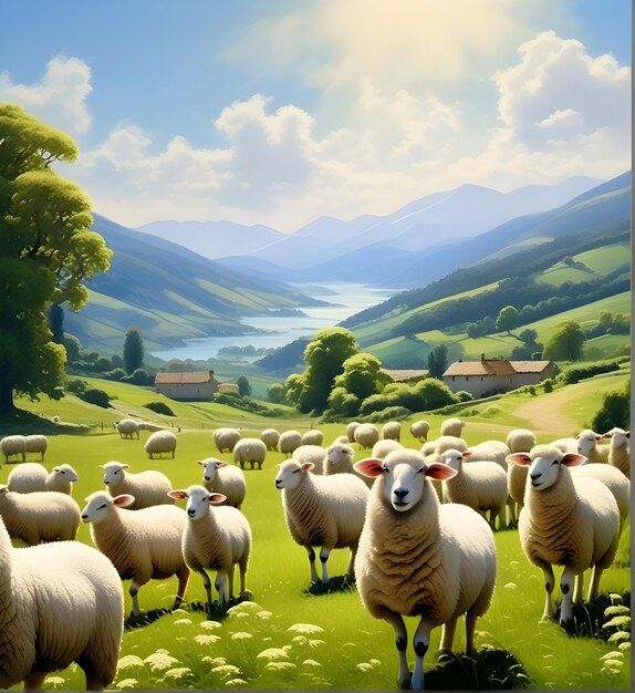 a painting of sheep grazing in a field with mountains in the backgrouds