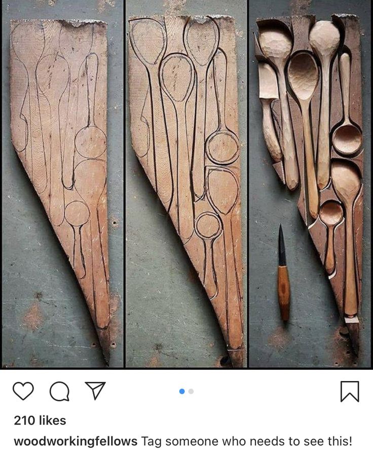 three wooden spoons are lined up next to each other with different shapes and sizes