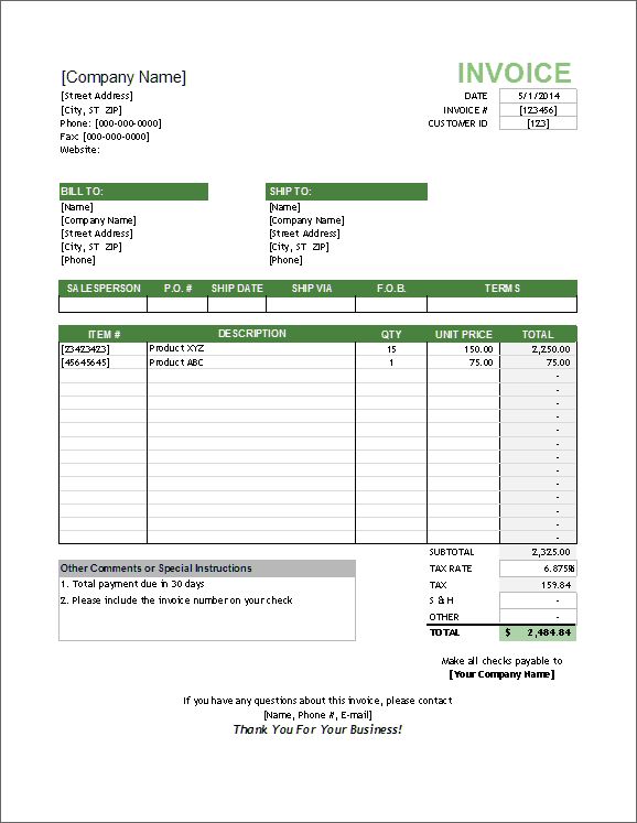 an invoice form is shown with the name and number