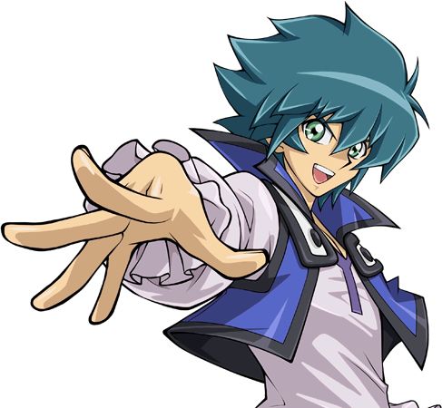 an anime character with blue hair and green eyes pointing to the side while holding his hand out